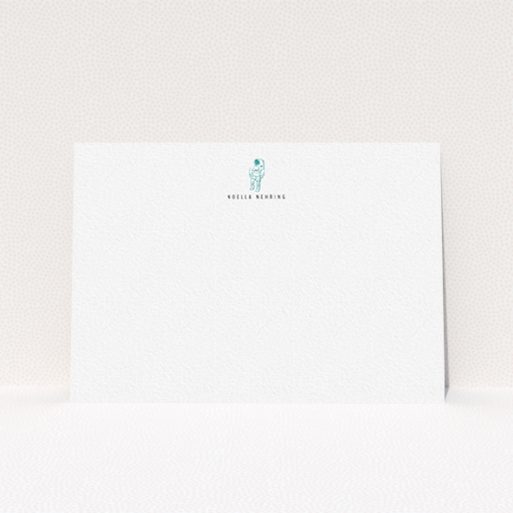 A ladies personalised note card design named "One small step". It is an A6 card in a landscape orientation. "One small step" is available as a flat card, with tones of white and green.