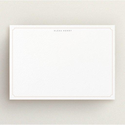 Personalised Note Card Design for Women - "Peach border" A ladies personalised note card template titled "Peach border". It is an A5 card in a landscape orientation. "Peach border" is available as a flat card, with tones of white and pink.