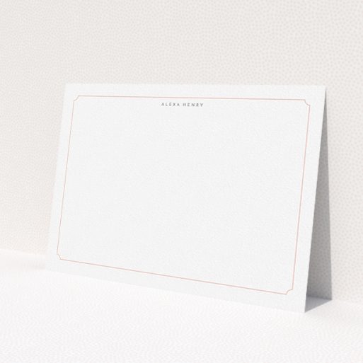 A ladies personalised note card template titled 'Peach border'. It is an A5 card in a landscape orientation. 'Peach border' is available as a flat card, with tones of white and pink.