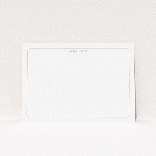A ladies personalised note card template titled "Peach border". It is an A6 card in a landscape orientation. "Peach border" is available as a flat card, with tones of white and pink.