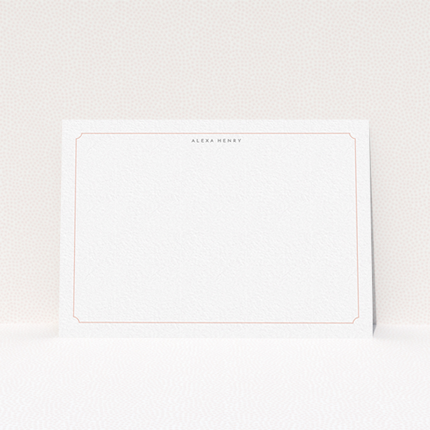 A ladies personalised note card template titled "Peach border". It is an A6 card in a landscape orientation. "Peach border" is available as a flat card, with tones of white and pink.