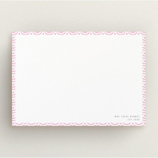 Personalised Note Card Design for Women - "Pink Fan Pattern" A ladies personalised note card design titled "Pink Fan Pattern". It is an A5 card in a landscape orientation. "Pink Fan Pattern" is available as a flat card, with tones of pink and white.