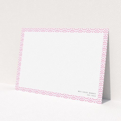 A ladies personalised note card design titled 'Pink Fan Pattern'. It is an A5 card in a landscape orientation. 'Pink Fan Pattern' is available as a flat card, with tones of pink and white.