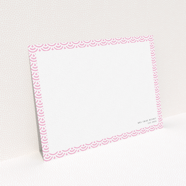 A ladies personalised note card design titled "Pink Fan Pattern". It is an A5 card in a landscape orientation. "Pink Fan Pattern" is available as a flat card, with tones of pink and white.