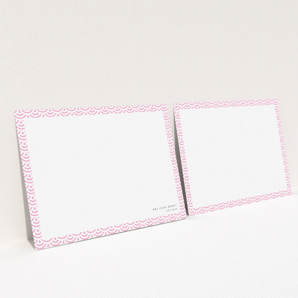 A ladies personalised note card design titled "Pink Fan Pattern". It is an A5 card in a landscape orientation. "Pink Fan Pattern" is available as a flat card, with tones of pink and white.