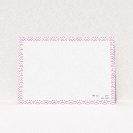 A ladies personalised note card design titled "Pink Fan Pattern". It is an A6 card in a landscape orientation. "Pink Fan Pattern" is available as a flat card, with tones of pink and white.