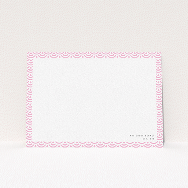 A ladies personalised note card design titled "Pink Fan Pattern". It is an A6 card in a landscape orientation. "Pink Fan Pattern" is available as a flat card, with tones of pink and white.