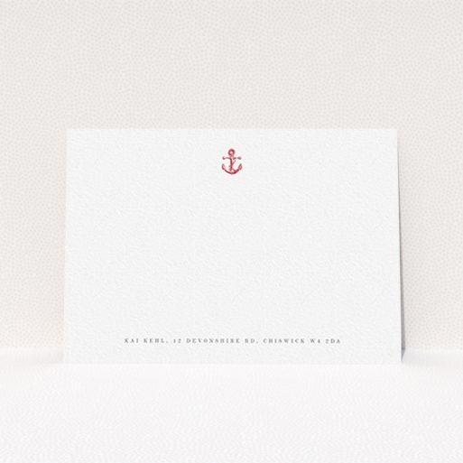 A ladies personalised note card named "Red steamboat". It is an A6 card in a landscape orientation. "Red steamboat" is available as a flat card, with tones of white and red.