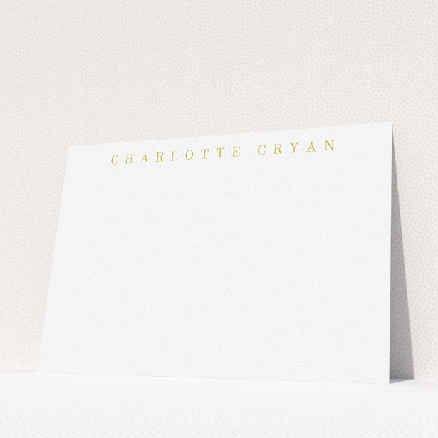 A ladies personalised note card named "Remember the name". It is an A5 card in a landscape orientation. "Remember the name" is available as a flat card, with tones of white and gold.