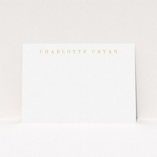 A ladies personalised note card design titled "Remember the name". It is an A6 card in a landscape orientation. "Remember the name" is available as a flat card, with tones of white and gold.