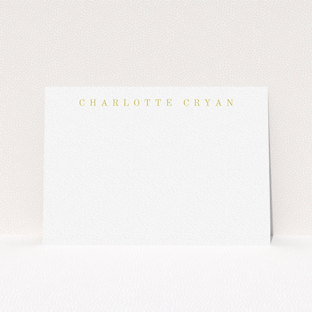 A ladies personalised note card design titled "Remember the name". It is an A6 card in a landscape orientation. "Remember the name" is available as a flat card, with tones of white and gold.