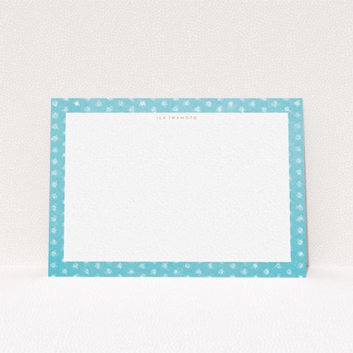 A ladies personalised note card design named "Remembering polkadots". It is an A6 card in a landscape orientation. "Remembering polkadots" is available as a flat card, with tones of blue and white.