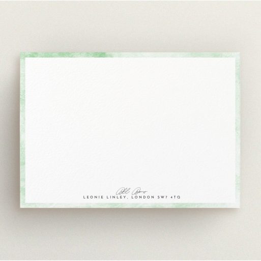 Personalised Note Card Design for Women - "Rustic Green" A ladies personalised note card called "Rustic Green". It is an A5 card in a landscape orientation. "Rustic Green" is available as a flat card, with tones of green and white.