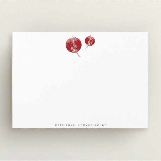 Personalised Note Card Design for Women - "Shanghai Nights" A ladies personalised note card design named "Shanghai Nights". It is an A5 card in a landscape orientation. "Shanghai Nights" is available as a flat card, with tones of white and red.