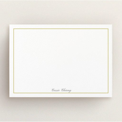 Personalised Note Card Design for Women - "Simple border" A ladies personalised note card named "Simple border". It is an A5 card in a landscape orientation. "Simple border" is available as a flat card, with tones of white and gold.