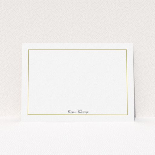 A ladies personalised note card named "Simple border". It is an A5 card in a landscape orientation. "Simple border" is available as a flat card, with tones of white and gold.