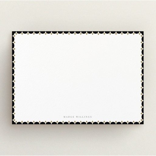 Personalised Note Card Design for Women - "Stage left" A ladies personalised note card called "Stage left". It is an A5 card in a landscape orientation. "Stage left" is available as a flat card, with tones of black and white.