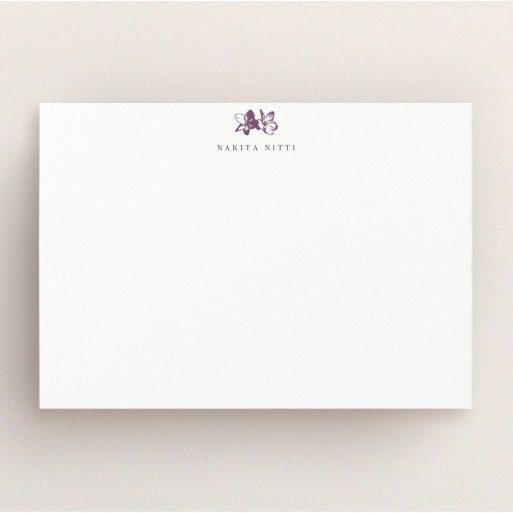Personalised Note Card Design for Women - "Stand the flowers" A ladies personalised note card design named "Stand the flowers". It is an A5 card in a landscape orientation. "Stand the flowers" is available as a flat card, with tones of white and purple.
