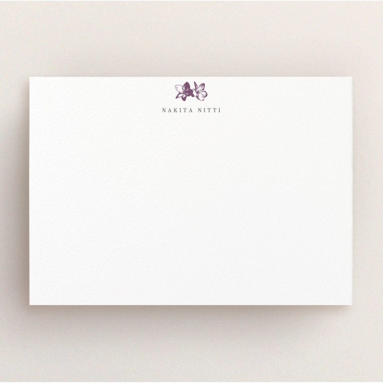 A ladies personalised note card design named "Stand the flowers". It is an A5 card in a landscape orientation. "Stand the flowers" is available as a flat card, with tones of white and purple.