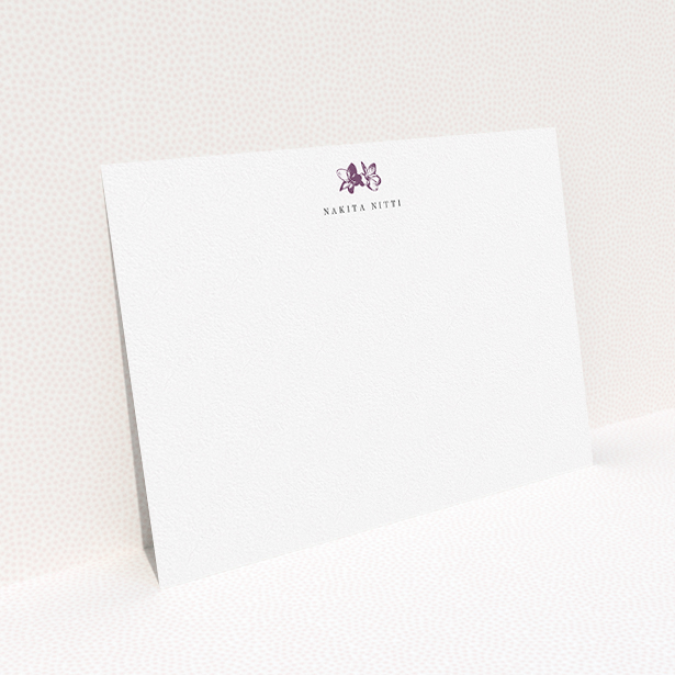 A ladies personalised note card design named "Stand the flowers". It is an A5 card in a landscape orientation. "Stand the flowers" is available as a flat card, with tones of white and purple.