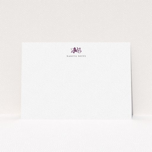 A ladies personalised note card template titled "Stand the flowers". It is an A6 card in a landscape orientation. "Stand the flowers" is available as a flat card, with tones of white and purple.