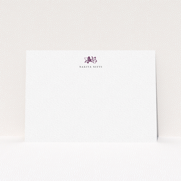 A ladies personalised note card template titled "Stand the flowers". It is an A6 card in a landscape orientation. "Stand the flowers" is available as a flat card, with tones of white and purple.