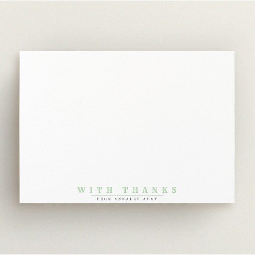 Personalised Note Card Design for Women - "Thanks is important" A ladies personalised note card design titled "Thanks is important". It is an A5 card in a landscape orientation. "Thanks is important" is available as a flat card, with tones of white and green.