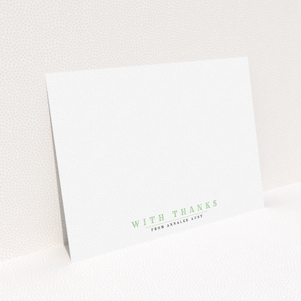 A ladies personalised note card design titled "Thanks is important". It is an A5 card in a landscape orientation. "Thanks is important" is available as a flat card, with tones of white and green.