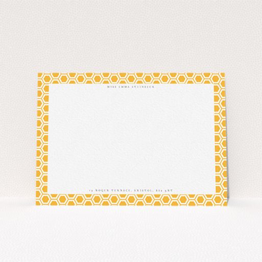 A ladies personalised note card template titled "The honeycomb". It is an A6 card in a landscape orientation. "The honeycomb" is available as a flat card, with tones of orange and white.