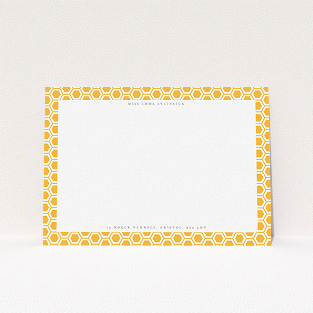 A ladies personalised note card template titled "The honeycomb". It is an A6 card in a landscape orientation. "The honeycomb" is available as a flat card, with tones of orange and white.