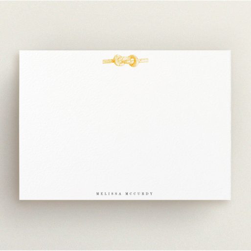 Personalised Note Card Design for Women - "Tie the knot" A ladies personalised note card design named "Tie the knot". It is an A5 card in a landscape orientation. "Tie the knot" is available as a flat card, with tones of white and orange.
