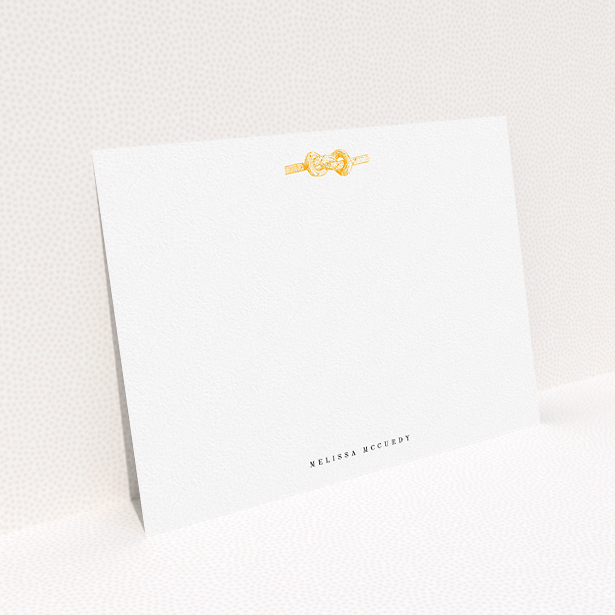 A ladies personalised note card design named "Tie the knot". It is an A5 card in a landscape orientation. "Tie the knot" is available as a flat card, with tones of white and orange.