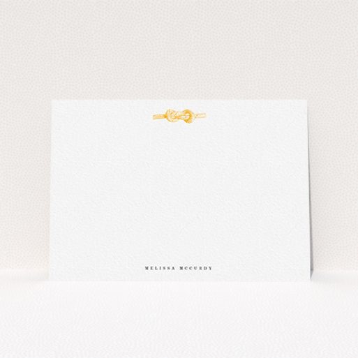 A ladies personalised note card template titled "Tie the knot". It is an A6 card in a landscape orientation. "Tie the knot" is available as a flat card, with tones of white and orange.