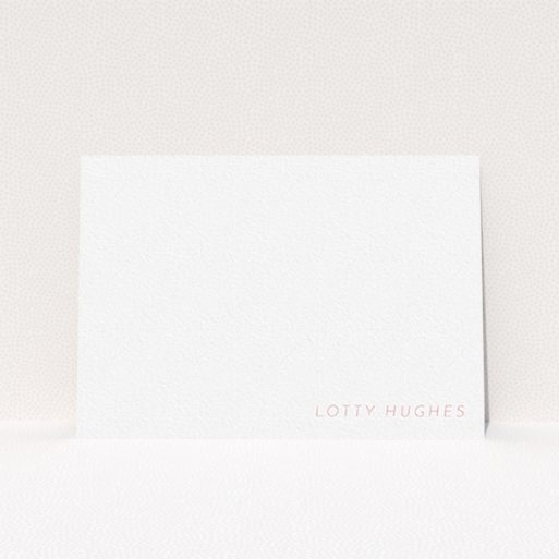 A ladies personalised note card design called "To the point". It is an A6 card in a landscape orientation. "To the point" is available as a flat card, with tones of white and pink.