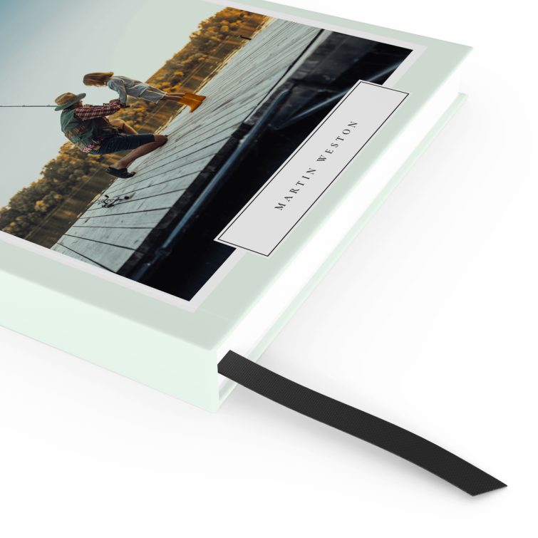 Personalised portrait notebook design with a fishing theme, featuring one photo on the front cover.