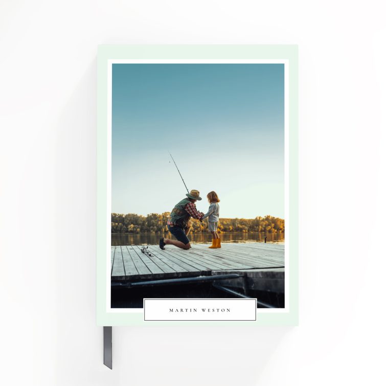 Personalised portrait notebook design with a fishing theme, featuring one photo on the front cover.