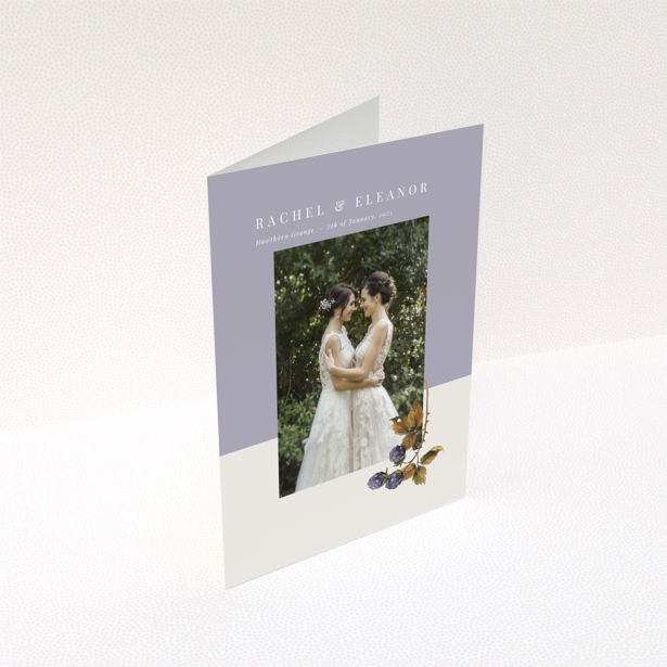 Wedding invitation card design featuring two brides in wedding dresses with floral decoration.