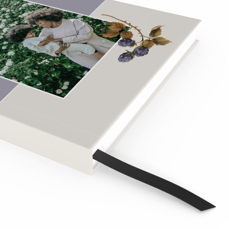 Elegant custom notebook cover design with floral accents and one photo placeholder.