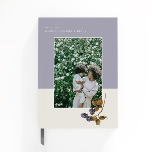 Elegant custom notebook cover design with floral accents and one photo placeholder.