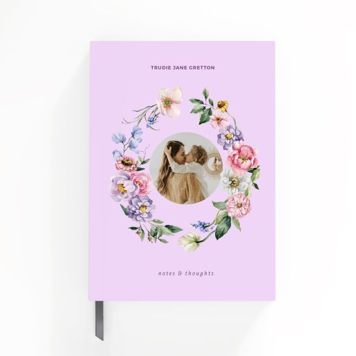 Floral design portrait notebook cover with one photo, for personalised stationery by Utterly Printable.