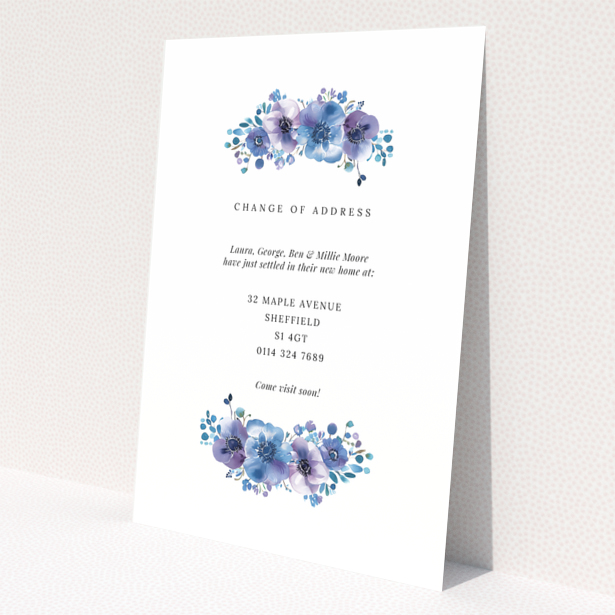 Floral change of address card with two photo placeholders and elegant purple flowers.