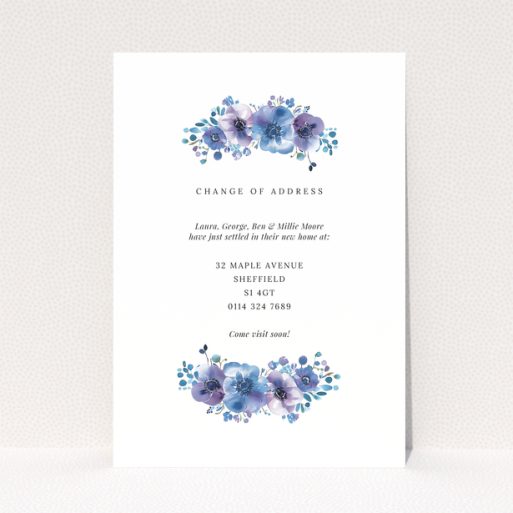 Floral change of address card with two photo placeholders and elegant purple flowers.