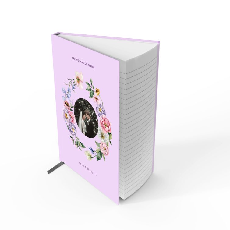 Floral personalised notebook cover design with one photo for wedding or special occasion notes.