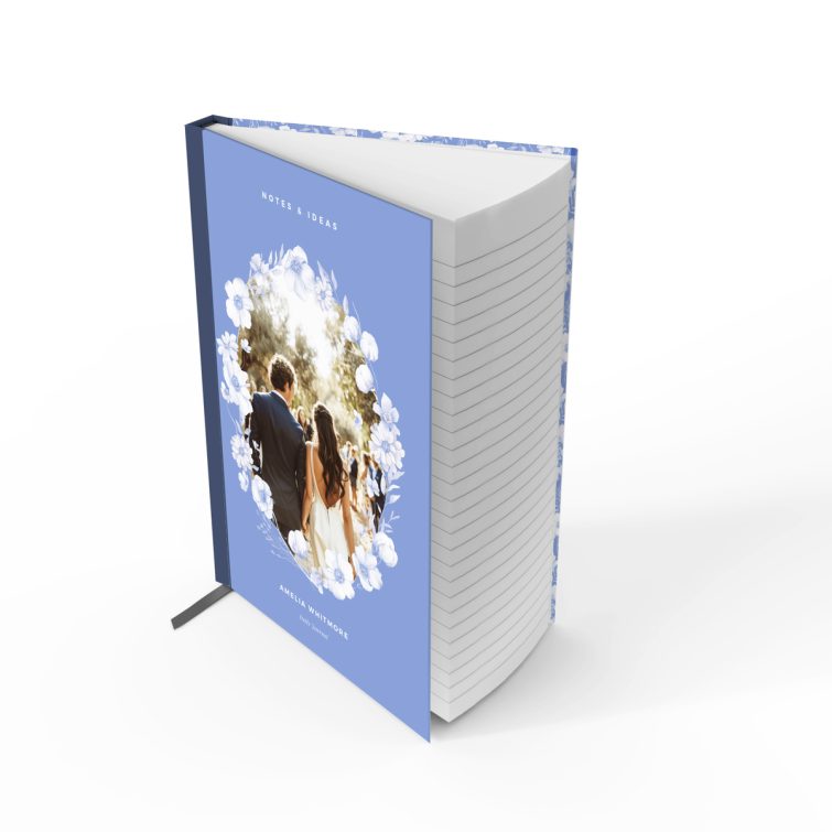 Blue floral notebook cover design with one photo, personalised daily journal by Utterly Printable.