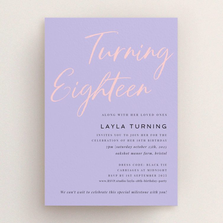 18th Birthday Invitation design in lavender and pink tones with elegant script font, no photos included