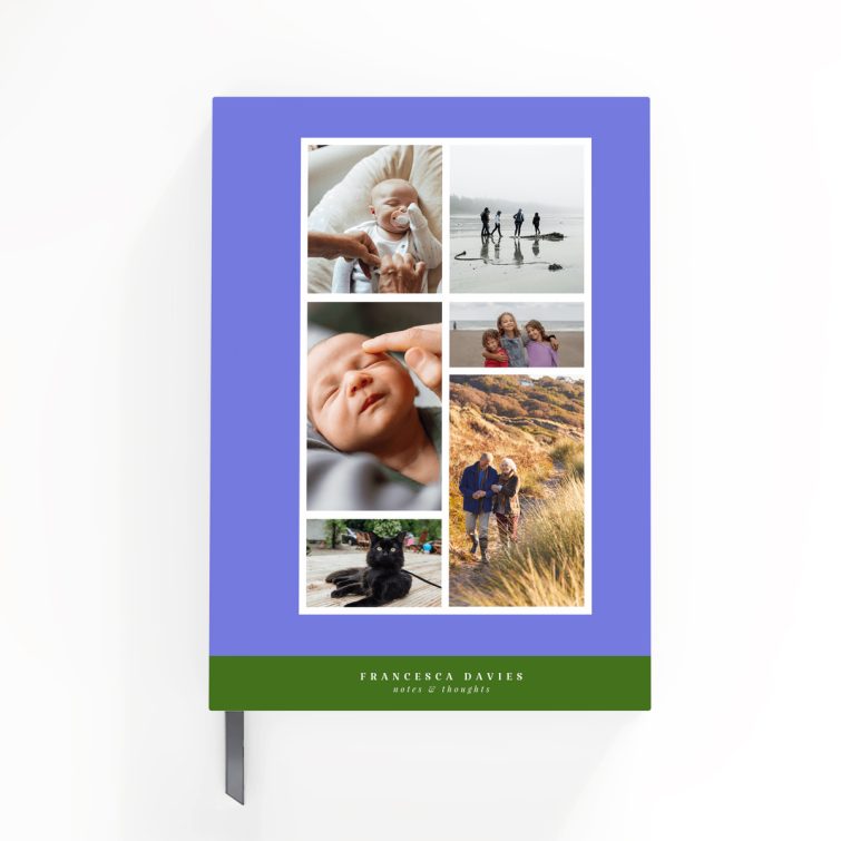 Customisable portrait notebook cover design with five placeholder photos for personalisation.