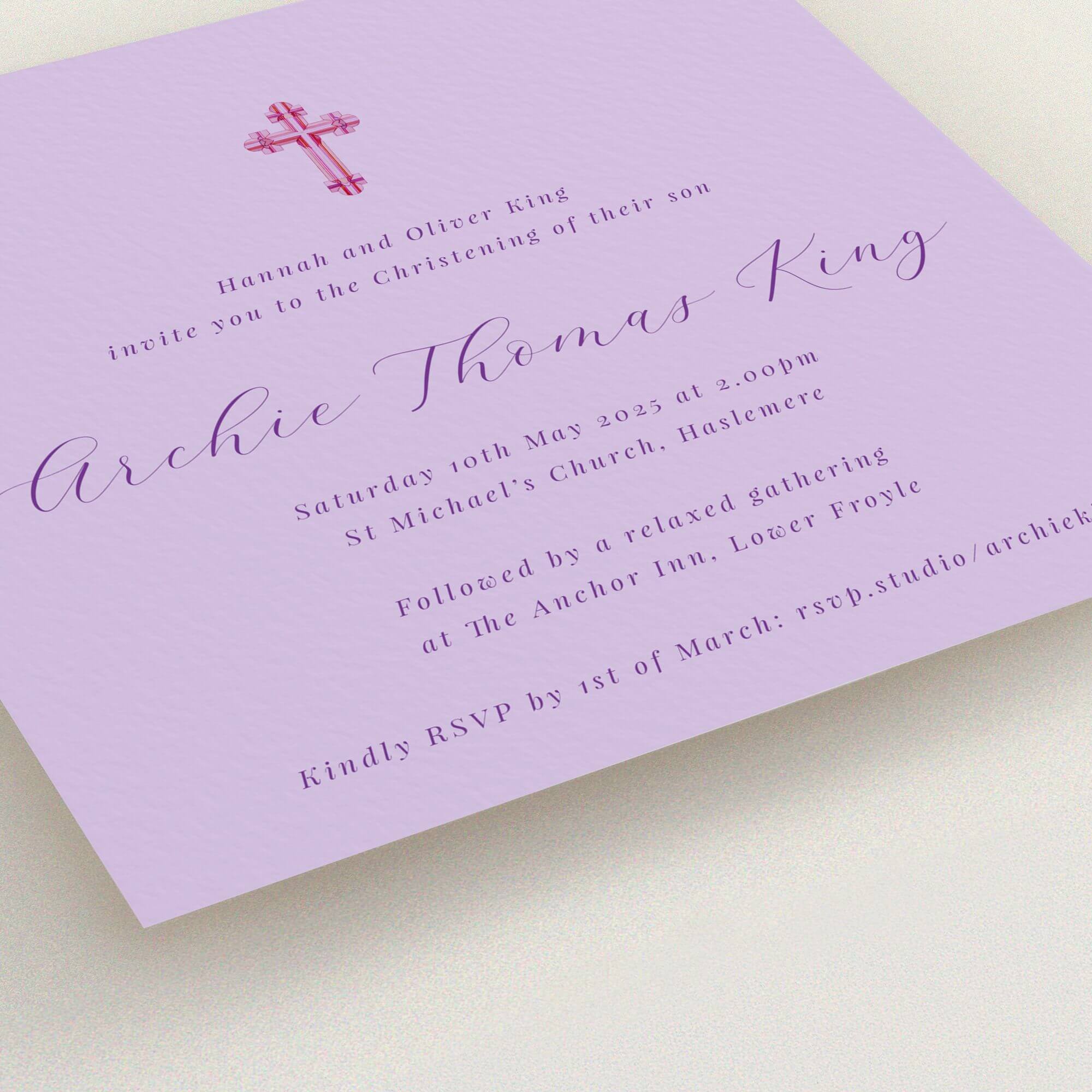 Lilac-themed christening invitation design with one decorative cross image for a personalised ceremony.