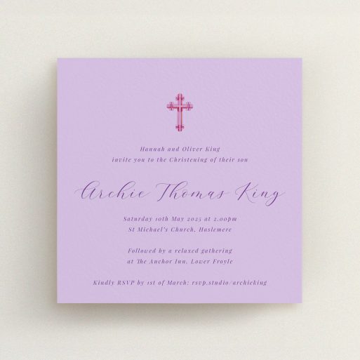 Elegant Christening Invitation Lilac-themed christening invitation design with one decorative cross image for a personalised ceremony.