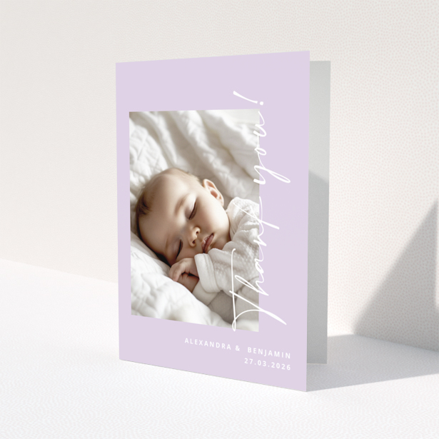 Baby thank you card with sleeping baby photo on lavender background