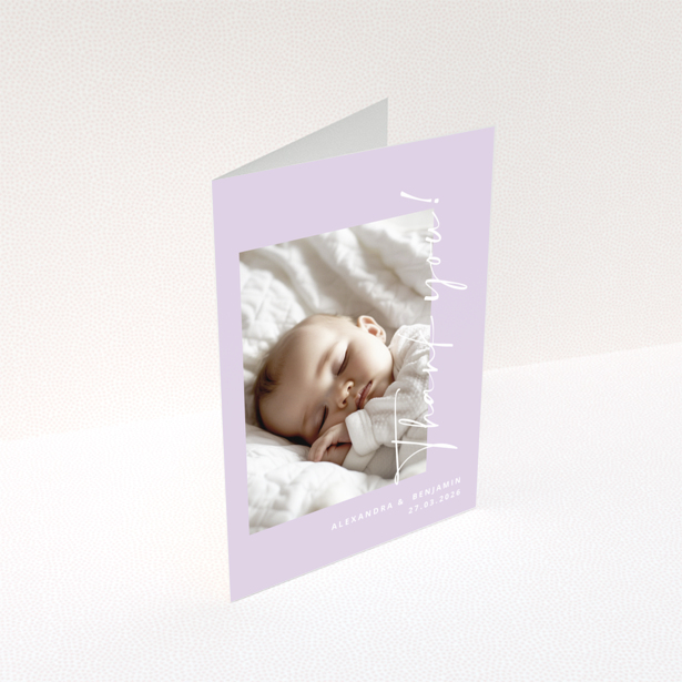 Baby thank you card with sleeping baby photo on lavender background